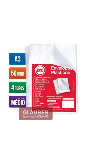 ENVELOPE PLÁSTICO A3 4 FUROS EXTRA MÉDIO PT/50